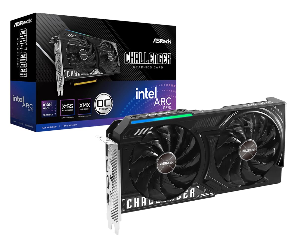 Intel Arc B570 Challenger 10GB OC GDDR6 Graphics Card, 2600 MHz GPU, 19 Gbps Memory, Dual Fan, Metal Backplate, HDMI 2.1a, DisplayPort 2.1, 0dB Cooling